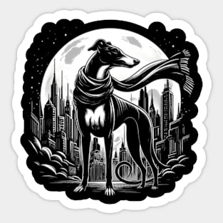 An elegant greyhound with a flowing scarf, standing against a moonlit city skyline Sticker